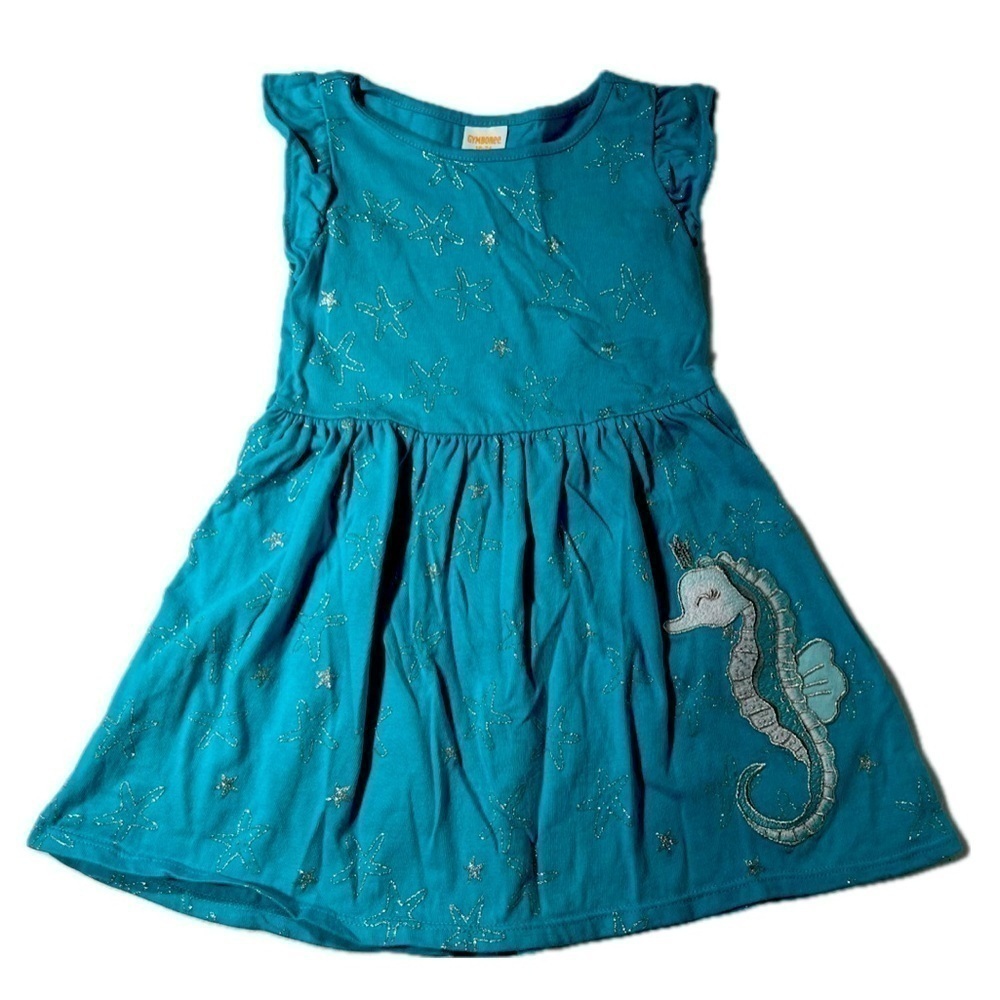 Gymboree - Girl’s Summer Dress - 18 to 24 Months - Teal with Silver Seahorses